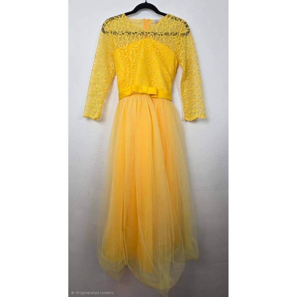 Lace Tulle Maxi Dress Girls 14-16 Yellow Formal‎ Gown Long Sleeve Bow Belt